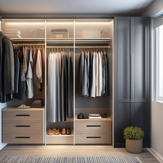 A sleek, modern closet interior with a sliding glass door, illuminated by soft, natural light, featuring a custom shelving system, hanging rods, and a digital tablet mounted on the wall, displaying a 3D closet organizer app.