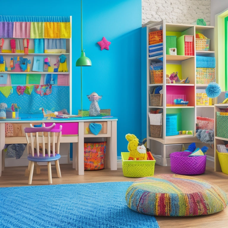 A colorful, clutter-free playroom with a kid's clothing rack, baskets, and DIY craft stations, surrounded by scissors, fabric, and half-finished projects, with a few happy kids in the background.