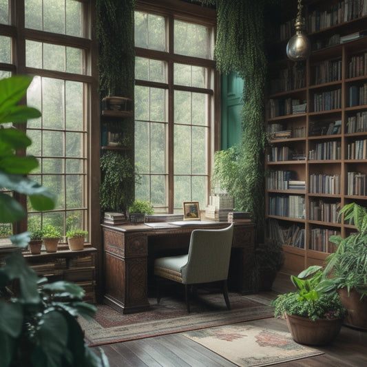 A serene, well-lit home library with a comfortable reading nook, surrounded by towering bookshelves, a wooden desk with a laptop, and a few scattered notebooks and pens, amidst lush greenery.