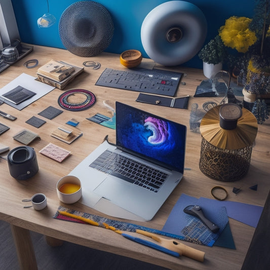 A modern, minimalist workspace with a laptop, cutting mat, and crafting tools surrounded by vibrant, swirling digital patterns and shapes, blending traditional and digital creative elements.
