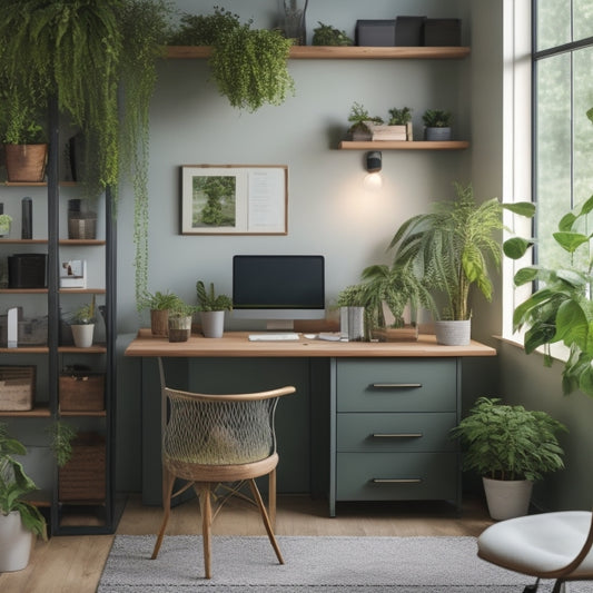 A serene, well-lit, minimalist home office with a wooden desk, a few neatly labeled storage bins, and a pegboard with hooks holding various office supplies, surrounded by lush green plants.