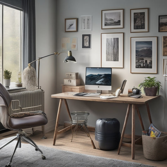 A cluttered home office with piles of papers, a worn-out couch, and a small desk, transformed into a modern, organized space with a sleek laptop, a minimalist background, and a comfortable ergonomic chair.