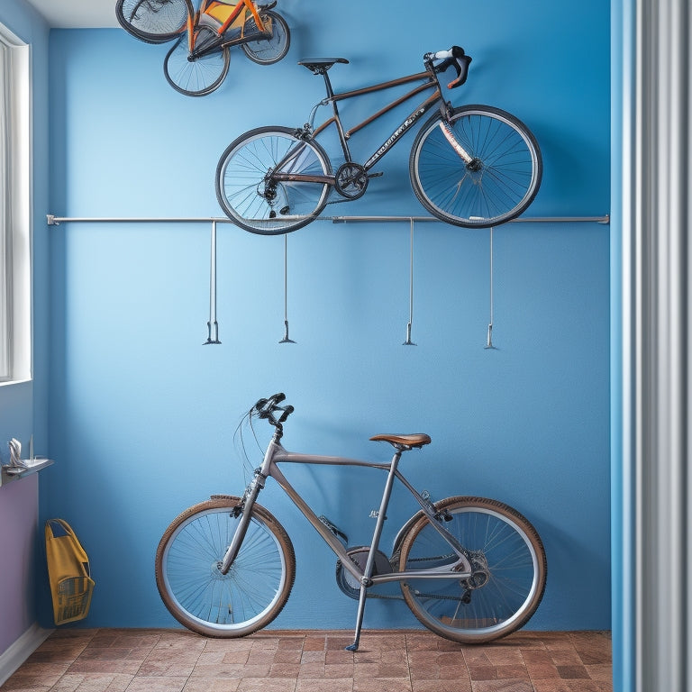 A clutter-free, compact room with a few bicycles suspended from a ceiling-mounted rack, others leaned against a wall-mounted foldable bike stand, and a few wheels stacked in a corner.