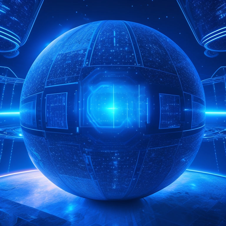 A futuristic, spherical data hub with glowing blue circuits and pulsing neon lights, surrounded by orbiting digital assets, amidst a dark, starry background, conveying infinite storage and organization.