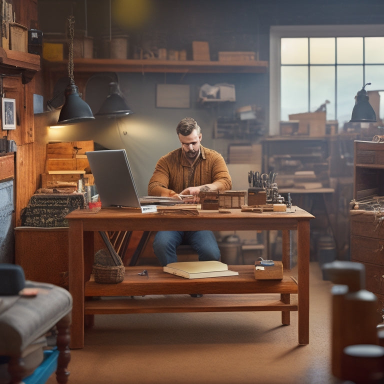 An illustration of a person in a workshop, surrounded by wooden planks, tools, and a laptop, with a partially assembled shelving unit in the foreground, showcasing various components and instructions on the screen.