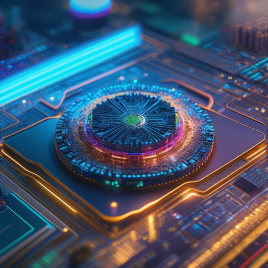 A futuristic, high-tech background with a large, golden microchip at the center, surrounded by swirling blue and red circuits, with tiny, glowing green dots indicating updates and a subtle, pulsing light effect.