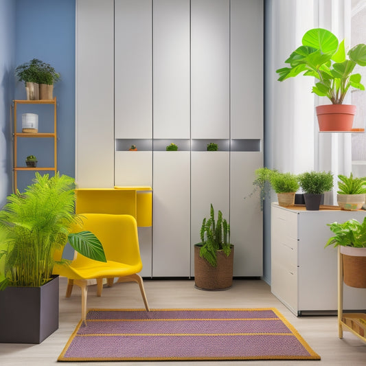 A minimalist apartment interior with a murphy bed, wall-mounted foldable desk, and stackable plastic bins labeled with colorful stickers, surrounded by a few potted plants and a sleek, compact vacuum.