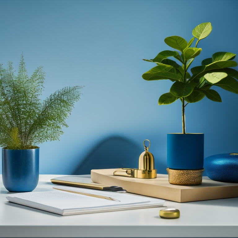 A serene, minimalist workspace with a tidy desk, a few carefully placed office supplies, and a small potted plant, set against a soft, calming blue background with subtle golden accents.