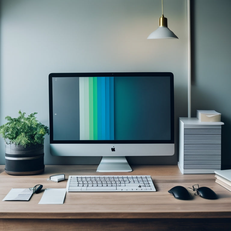 A minimalist desktop with a sleek laptop, surrounded by neatly arranged colorful folders and a few scattered paper notes, amidst a subtle background of blurred digital screens and wires.