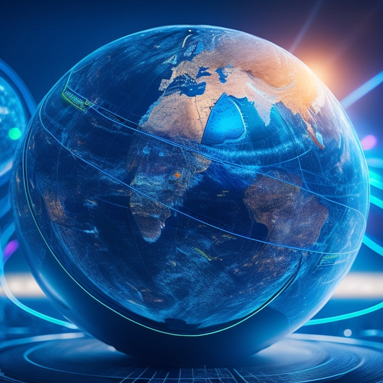 A futuristic globe with glowing blue circuits and wires wrapped around it, surrounded by orbiting spheres of light, with a stylized, modern data center in the background.