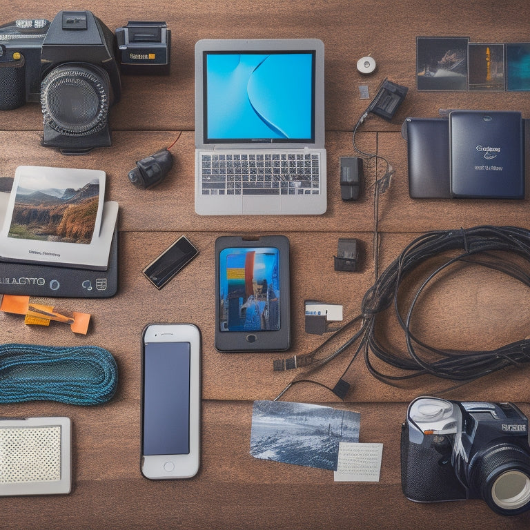 A collage of various digital devices (laptop, tablet, smartphone) surrounded by scattered digital camera memory cards, cables, and a few Polaroid photos, with a subtle background of a calming, organized digital folder structure.
