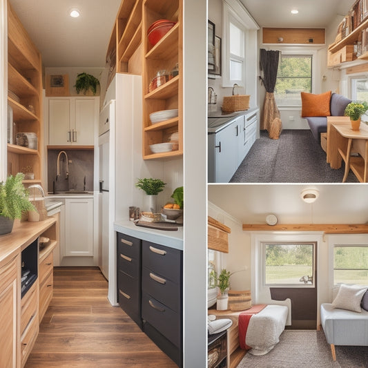 A cozy, well-organized tiny home interior with a Murphy bed, floor-to-ceiling shelves, and a compact kitchen with a slide-out pantry, showcasing clever storage solutions and minimalist decor.