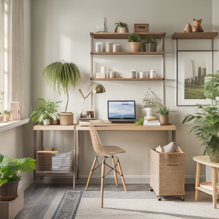 A serene and tidy home office with a minimalist desk, a wall-mounted shelf with labeled baskets, and a small, rolling storage cart with organized supplies and a few flourishing plants.