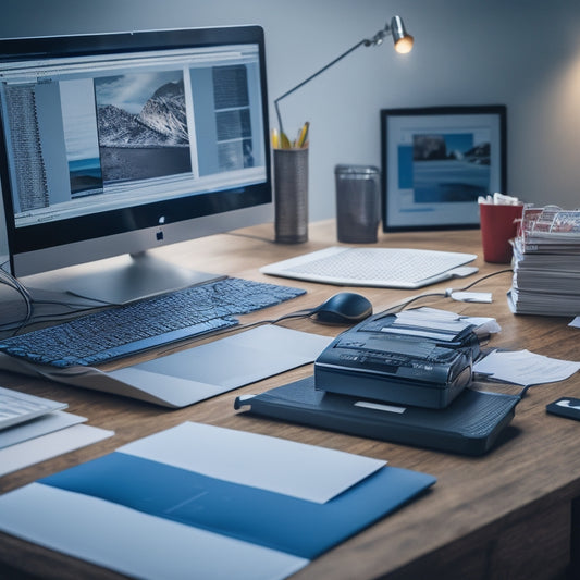 A cluttered desk with overflowing file folders, tangled cords, and a broken printer, contrasted with a sleek, minimalist laptop and a tidy, organized digital cloud storage icon in the background.