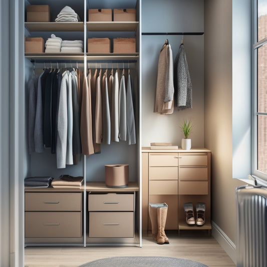 A tidy, minimalist closet in a small apartment, with a few garments hung on a double rod, shoes lined up on a shelf, and a few storage bins stacked on a shelf above, with a subtle cityscape outside the window.