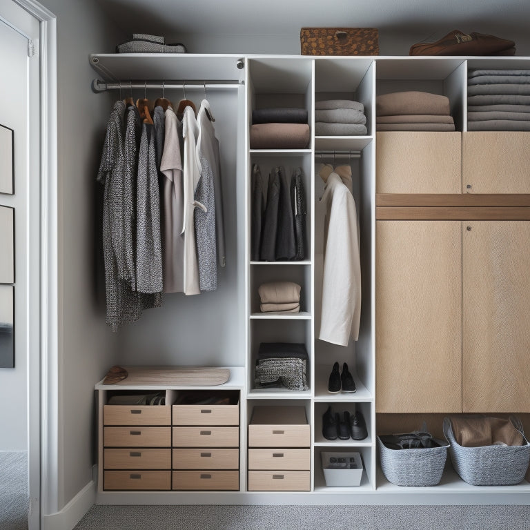 A tidy, minimalist closet in a tiny home, featuring a wall-mounted shelf with folded clothes, a compact dresser with drawers, and a hanging organizer with a few garments.