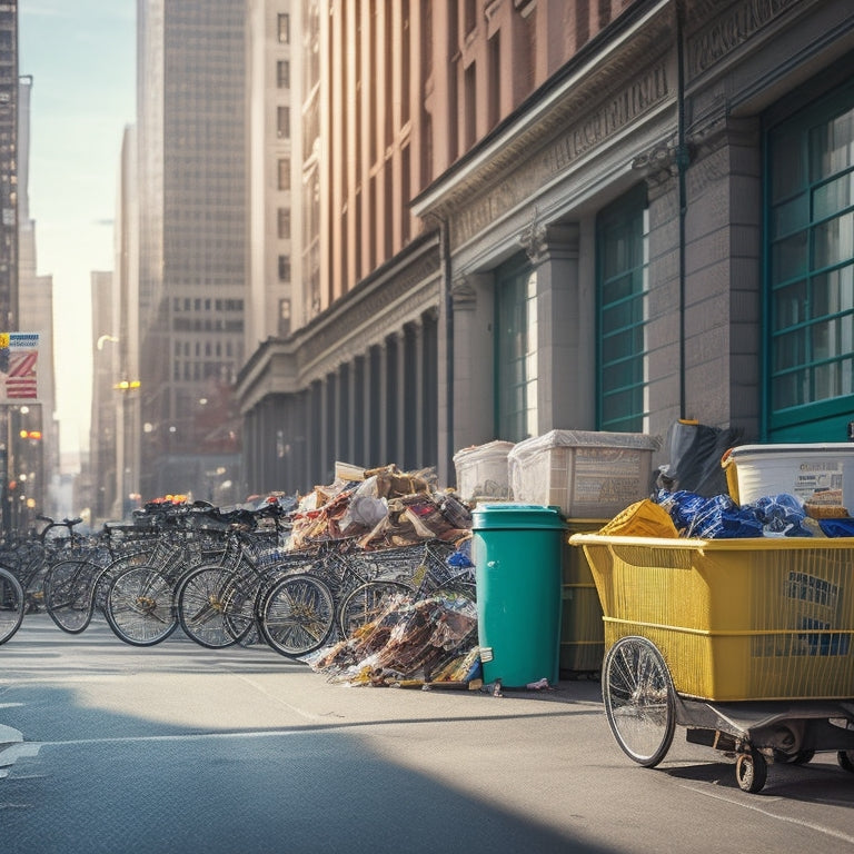 A cluttered city street with bicycles, trash cans, and construction equipment, contrasted with a clean and organized street featuring labeled storage bins, bike racks, and a "Street Storage Regulations" sign in the background.