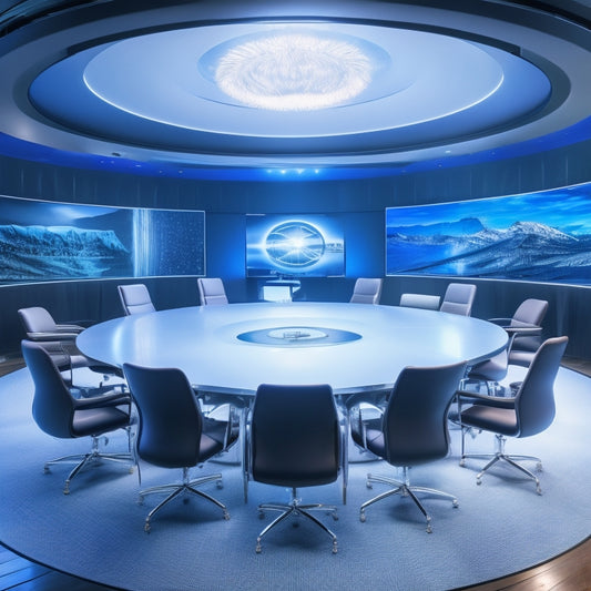 A futuristic, circular conference room with sleek, silver chairs and a large, glowing event schedule displayed on a transparent, holographic screen at its center.