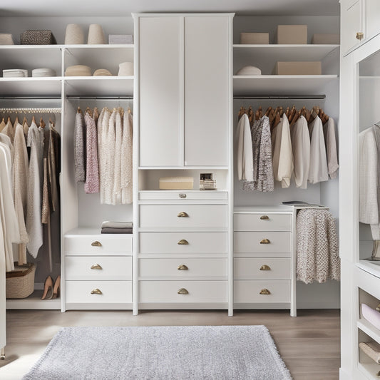 A serene, well-organized walk-in closet with soft, creamy lighting, featuring a mix of open shelving, drawers, and double rods, adorned with a few stylish garments and accessories.