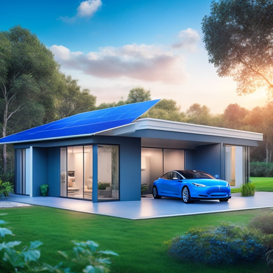 A futuristic, sleek, and minimalist illustration depicting a modern home with solar panels on the roof, connected to a Tesla Powerwall unit in the garage, surrounded by lush greenery and a subtle, glowing blue aura.
