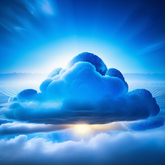 A stylized, futuristic cloud with glowing blue edges and wispy white tendrils, surrounded by a halo of light, with a subtle grid pattern in the background to represent digital infrastructure.