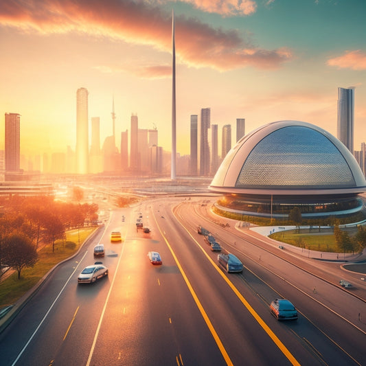 A futuristic cityscape at sunset with sleek, modern buildings and roads, dominated by a large, curved solar panel roof, with wind turbines and electric vehicles in the foreground.