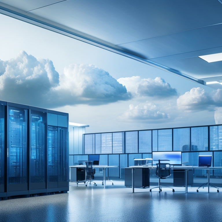 A futuristic office with sleek, minimalist desks, surrounded by towering servers in the background, replaced by a few compact, shiny external hard drives and a cloud symbol hovering above.