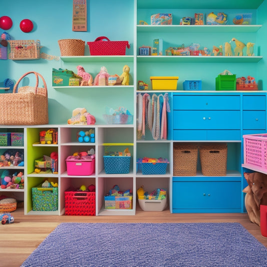 A colorful, clutter-free playroom with a pegboard wall, labeled baskets, and a DIY shelving unit made from wooden crates, showcasing a happy family's organized toys and belongings.