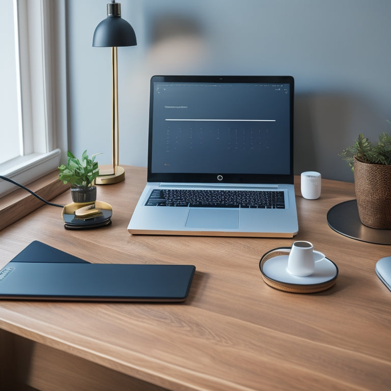 A minimalist desk with a sleek laptop, a tablet with a digital calendar open, a wireless charging pad, and a few neatly arranged folders, surrounded by a clean and organized home office background.