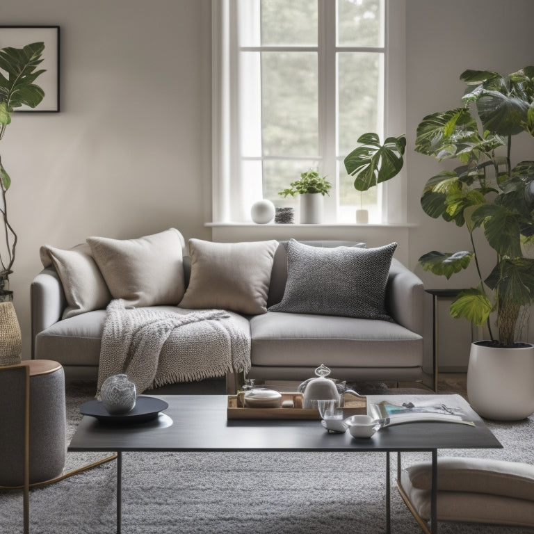A serene, minimalist living room with a laptop on a clutter-free coffee table, surrounded by a few, carefully selected decorative items and a calm, natural background with a subtle greenery hint.
