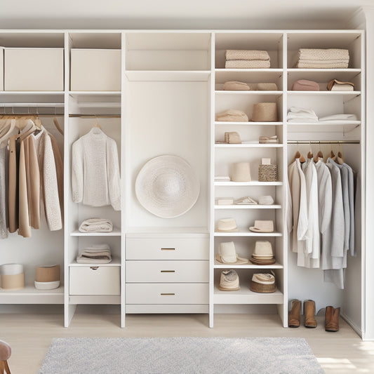 A serene, clutter-free closet interior with soft, natural light pouring in, featuring organized shelves, neatly hung garments, and a few stylish accessories, set against a calming, creamy white backdrop.