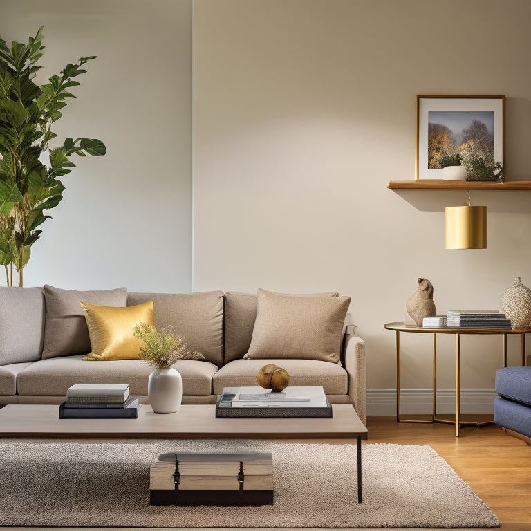 A serene, minimalist living room with a few, carefully curated items: a small, ornate vase on a clutter-free coffee table, a tidy bookshelf with a few favorite novels, and a minimalist art piece above a sleek, low-profile couch.
