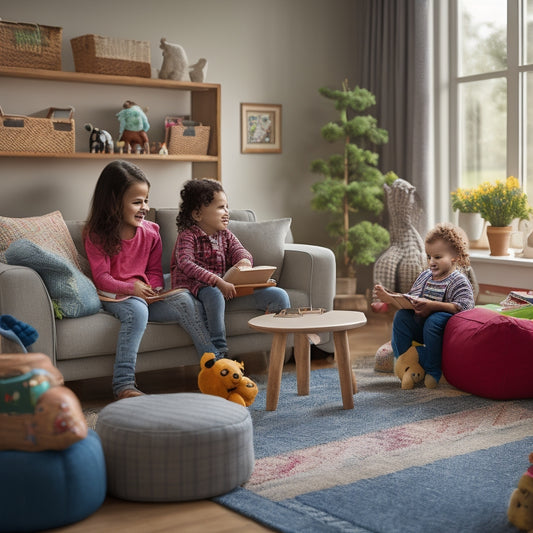 A serene, well-organized living room with a few, carefully selected toys and books on a shelf, a tidy play area, and a calm, smiling mother playing with two happy children.