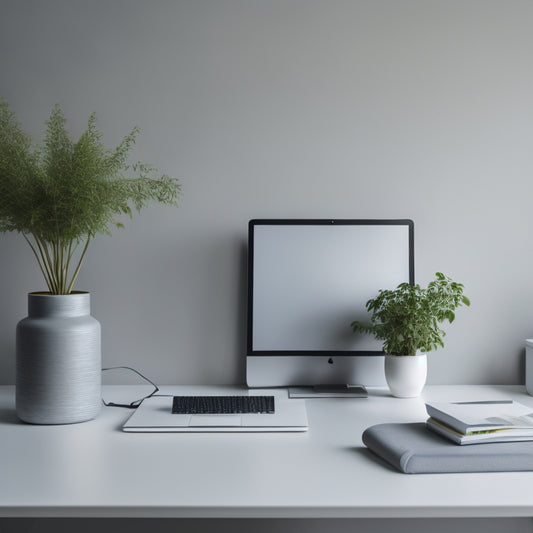 A minimalist desk with a laptop, a vase with a single stem of greenery, and a few neatly arranged folders, set against a light gray wall with a subtle grid pattern.