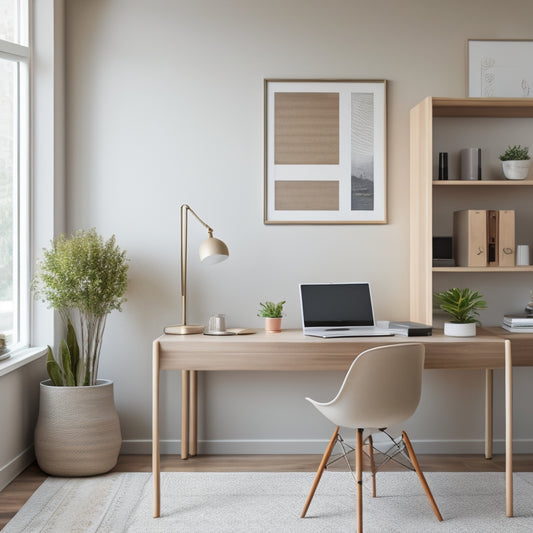 A clutter-free home office with a minimalist desk, a sleek laptop, and a few organized folders, set against a calm, neutral-colored background with subtle wood accents and a hint of natural light.