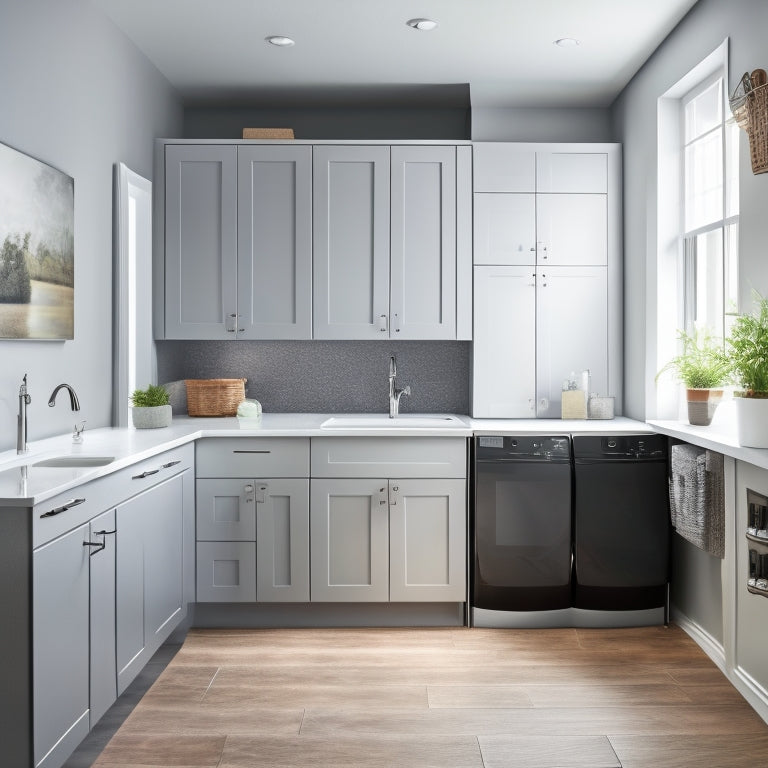A bright, modern laundry room with a wall-mounted folding station, a stainless steel sink, and a row of sleek, white cabinets with chrome handles, surrounded by soft, grey walls and polished, dark wood floors.