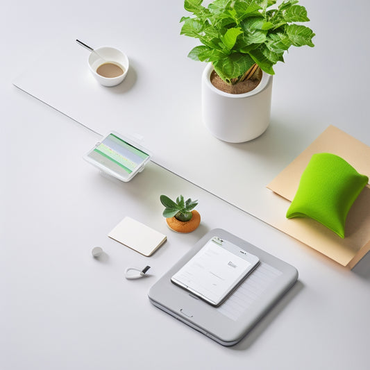 A minimalist illustration featuring a smartphone with a green battery icon, surrounded by organized desk items like a paper tray, a small plant, and a pen holder, set against a clean, white background.