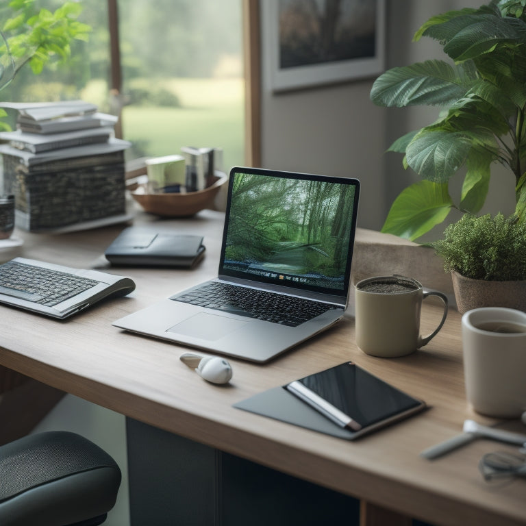 A cluttered desk with scattered papers, tangled cords, and a laptop buried beneath, contrasted with a minimalist digital dashboard on a sleek tablet in the background, surrounded by calm, greenery.