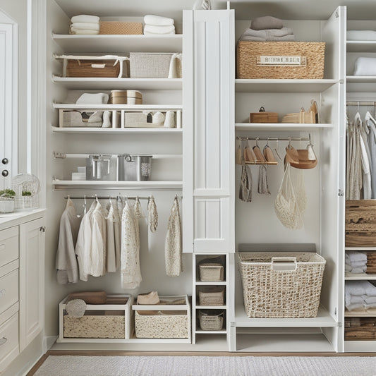 A tidy closet with a mix of open shelves, closed cabinets, and hanging rods, featuring a pegboard with baskets, bins, and hooks, amidst a calming background of soft whites and creamy woods.