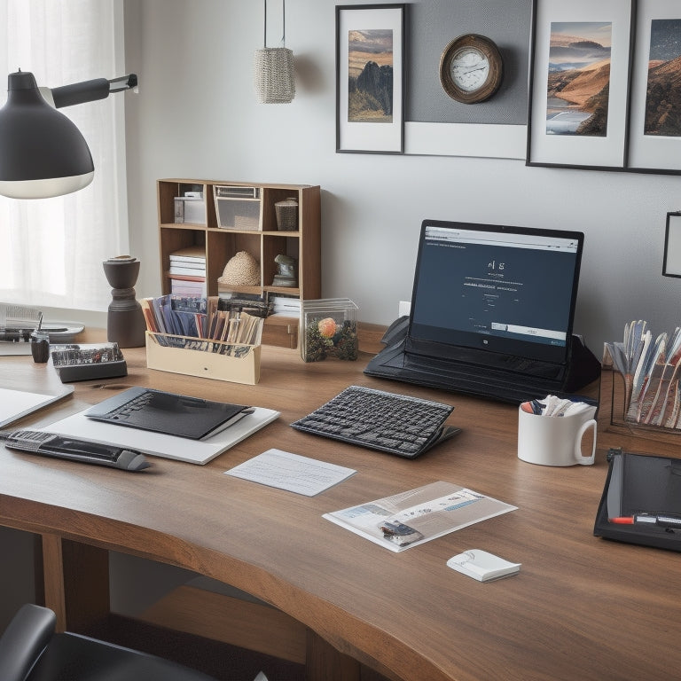 A organized home office with a tidy desk, a laptop, and a tablet displaying a digital calendar, surrounded by labeled folders, a cordless vacuum, and a few well-arranged storage bins.