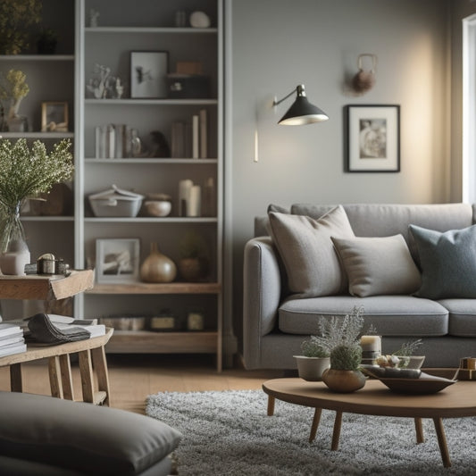 A serene, well-lit, clutter-free living room with a few, carefully selected, sentimental items on a tidy shelf, amidst a minimalist background, conveying a sense of calm and order.