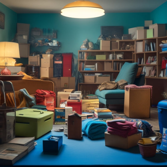 A dimly lit, cluttered living room with piles of clothes, books, and kitchen items stacked haphazardly, a lone vacuum cleaner stuck behind a mountain of boxes, and a faint outline of a tidy space in the background.