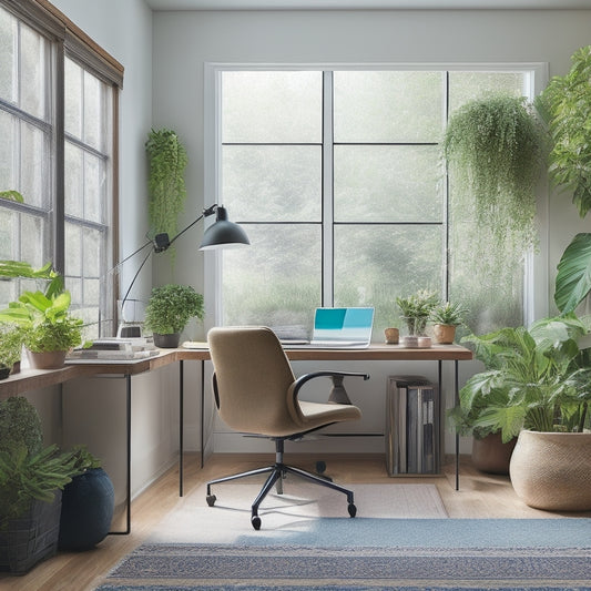 A clutter-free home office with a minimalist desk, a ergonomic chair, a few well-organized shelves, and a large window with natural light pouring in, surrounded by lush green plants.