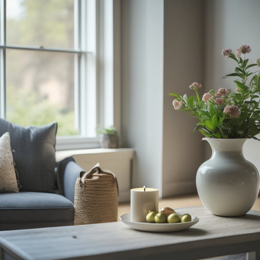 A serene, clutter-free living room with a few carefully placed decorative items, a vase with fresh flowers, and a subtle glow of natural light filtering through the windows.