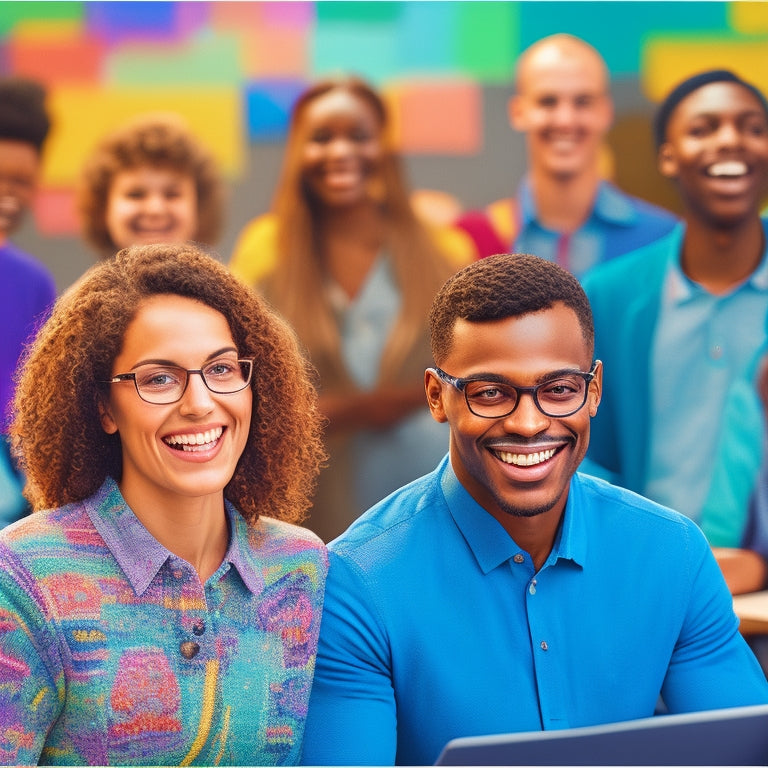 An illustration of a smiling educator standing in front of a colorful, clutter-free classroom with diverse students engaged on laptops, surrounded by books and a subtle background of puzzle pieces fitting together.