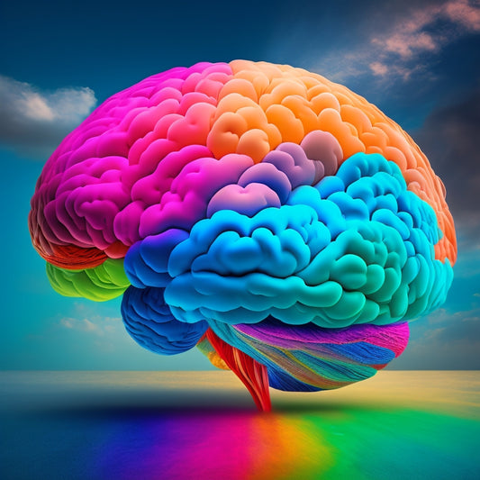 A vibrant, multicolored brain surrounded by swirling clouds of thought bubbles, with radiating lines and arrows connecting to various abstract shapes, conveying dynamic creativity and idea generation.