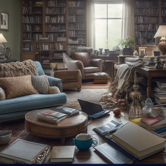 A cluttered living room with scattered papers, cords, and remotes, surrounded by overflowing bookshelves and dusty decorations, contrasted with a minimalist digital tablet or laptop in the center, glowing with organized files and icons.