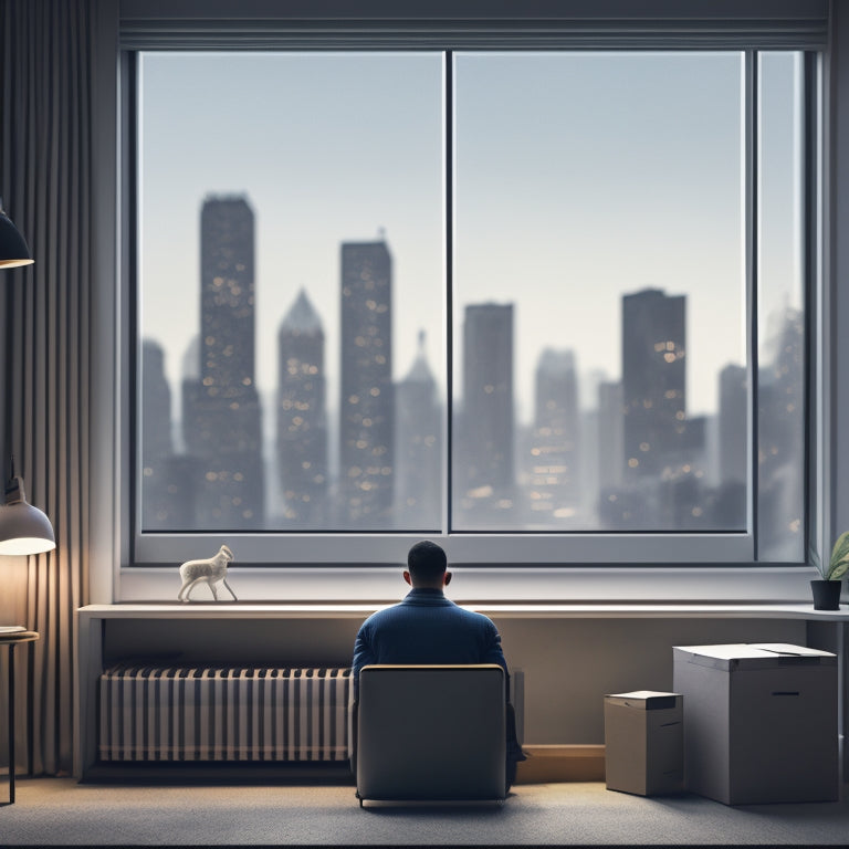 A serene, minimalist illustration of a person sitting on a couch, surrounded by neatly labeled boxes and a laptop, with a cityscape or a new home visible through the window.