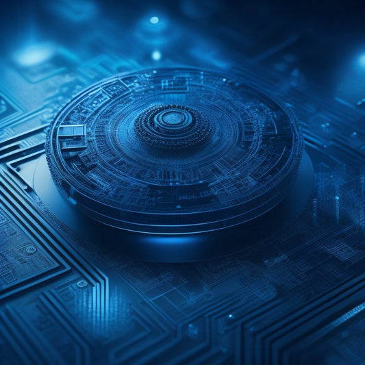 An intricate, futuristic blueprint with interconnected nodes and circuits, surrounded by stylized, swirling patterns, set against a dark blue background with subtle, glowing accents.