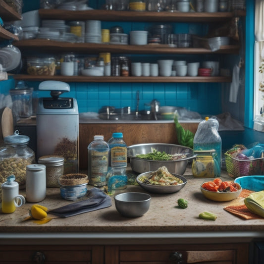A cluttered kitchen counter with a mix of dirty dishes, expired food, and scattered utensils, surrounded by messy cabinets and a trash can overflowing with packaging waste.